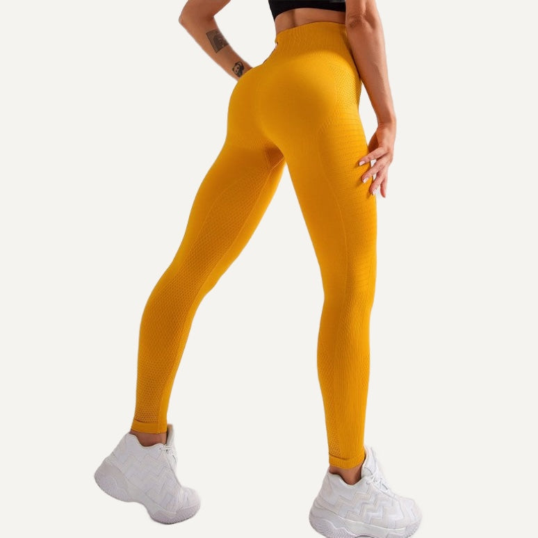 High-Waisted Nylon Leggings with Knit Panels - Mustard