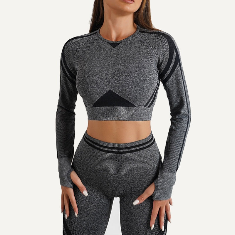 Long-Sleeve Crop Top with Textured Panels - Charcoal