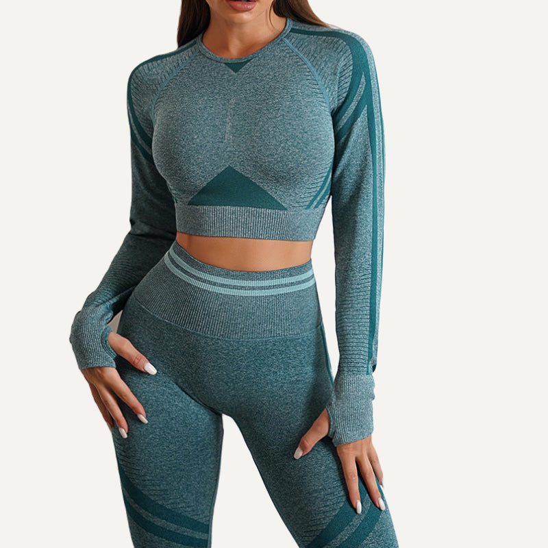 Long-Sleeve Crop Top with Textured Panels - Deep Teal
