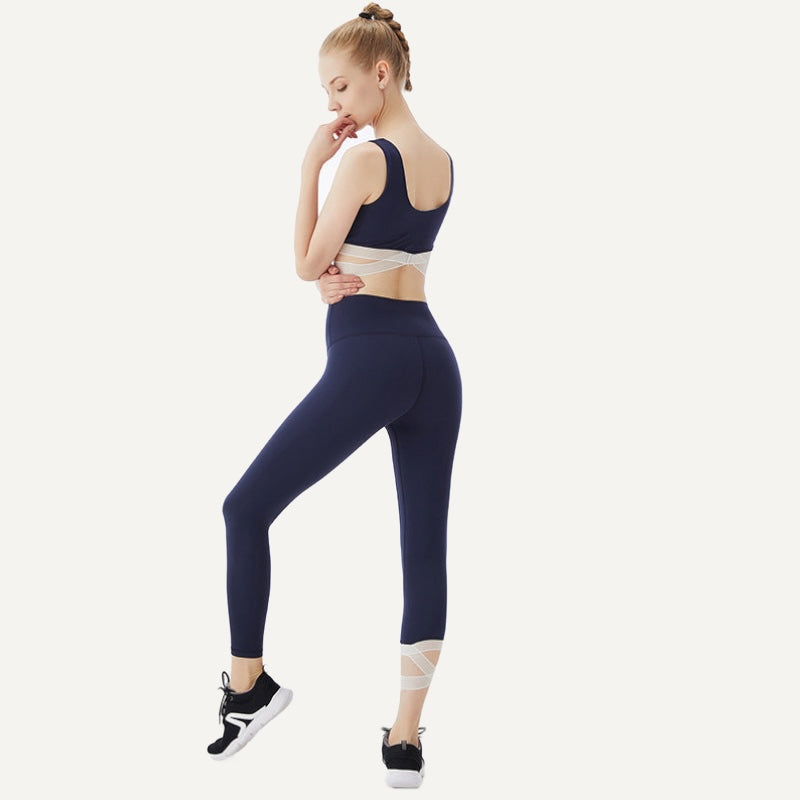 Sports Bra and Cropped Leggings Set with Mesh Panels - Navy