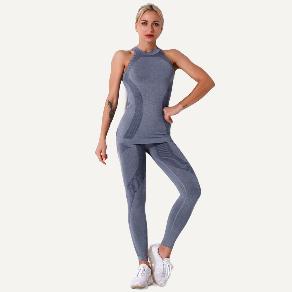High-Neck Sleeveless Top and Leggings Set - Slate Blue