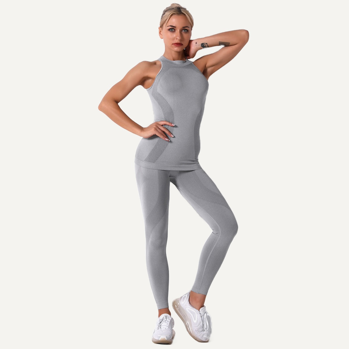 High-Neck Sleeveless Top and Leggings Set - Light Gray
