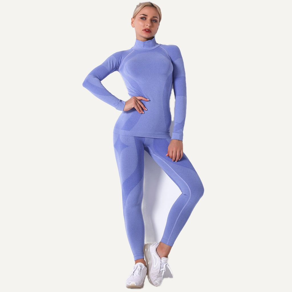 High-Neck Long-Sleeve Workout Set - Periwinkle