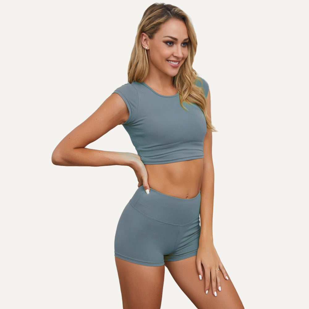 Short-Sleeve Crop Top and Fitted Shorts Set - Slate Blue