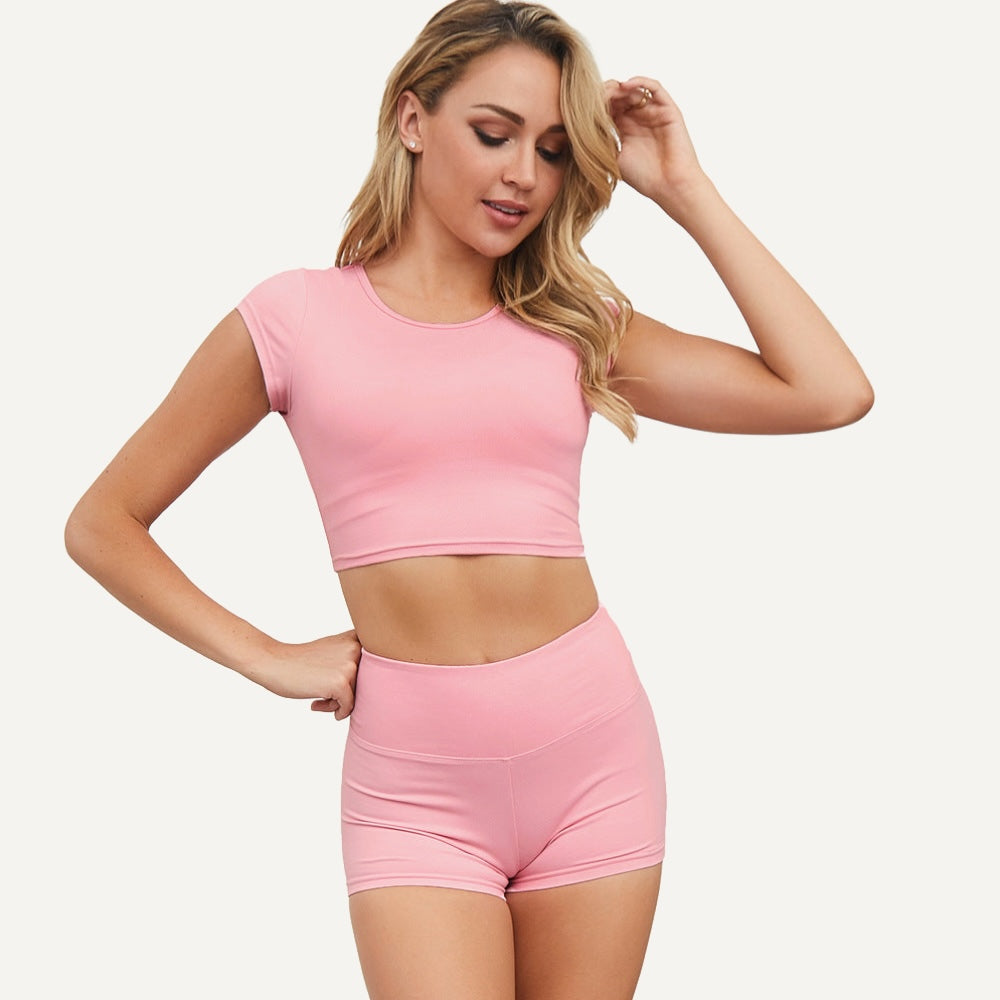 Short-Sleeve Crop Top and Fitted Shorts Set - Pink