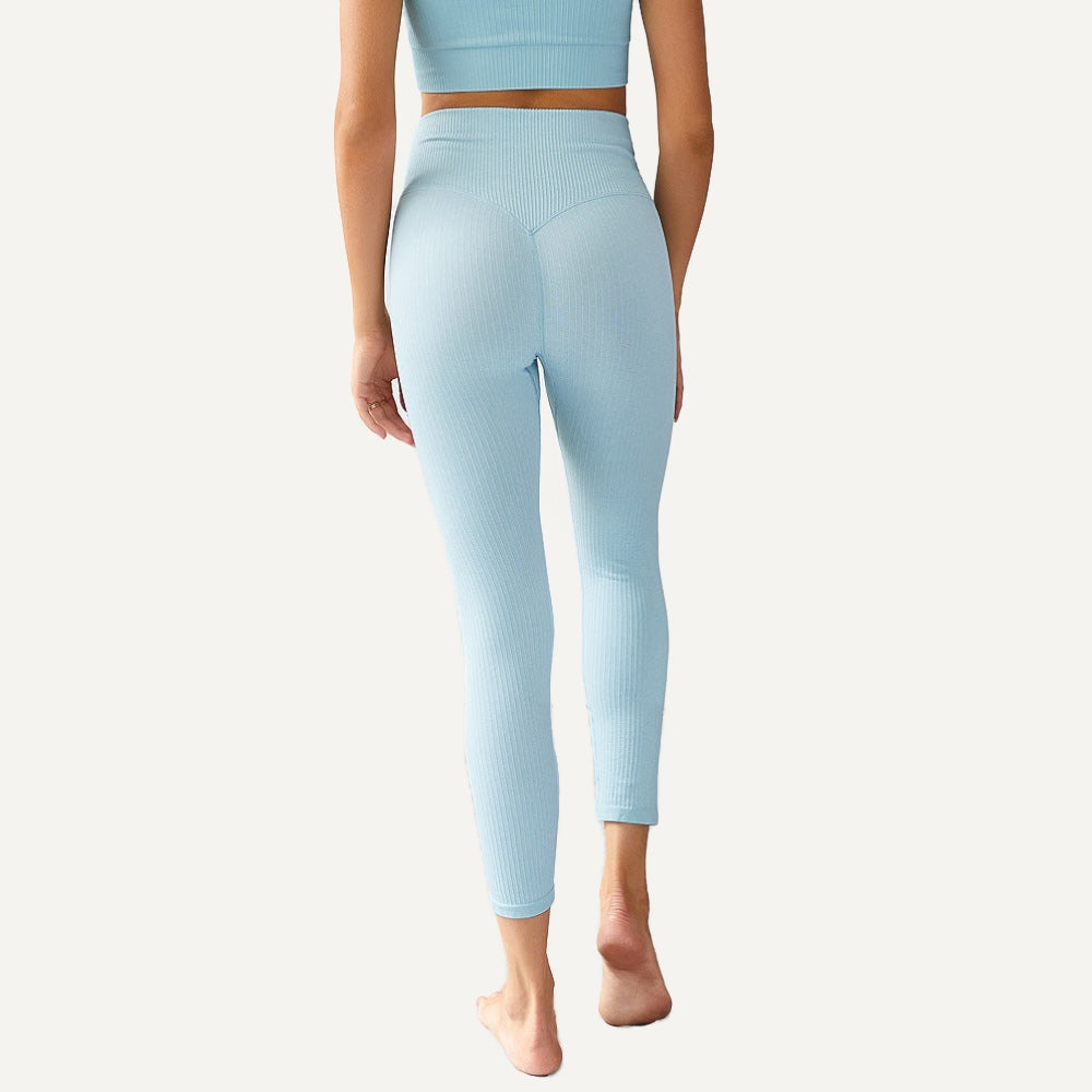 Ribbed High-Waisted Workout Leggings - Light Blue