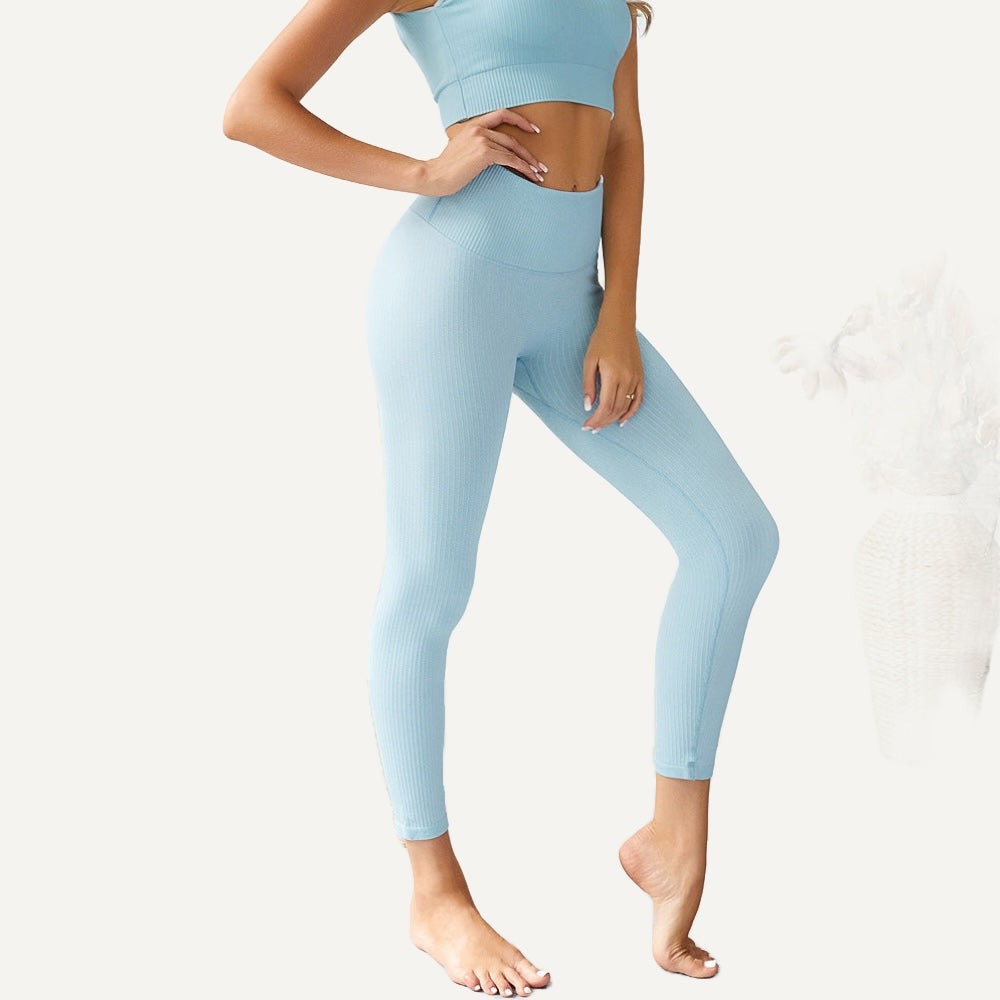 Ribbed High-Waisted Workout Leggings - Light Blue