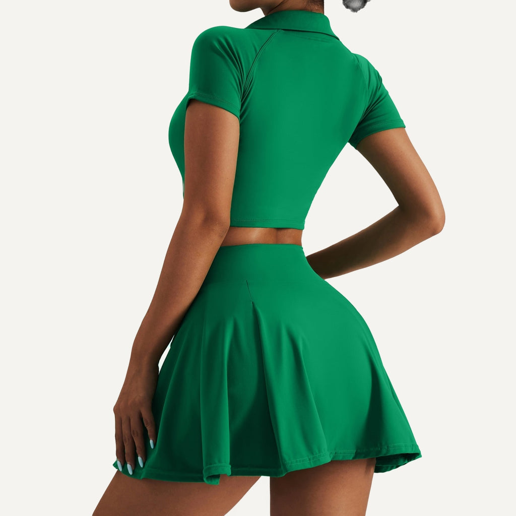 Collared Crop Top and Flared Skirt Set - Green