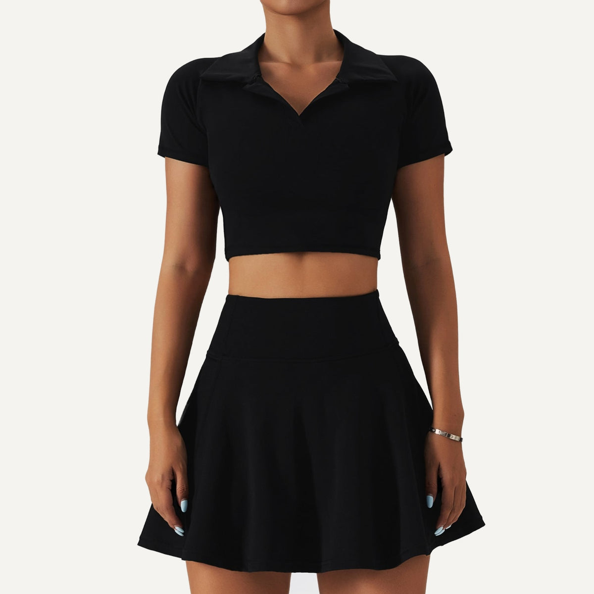 Collared Crop Top and Flared Skirt Set - Black