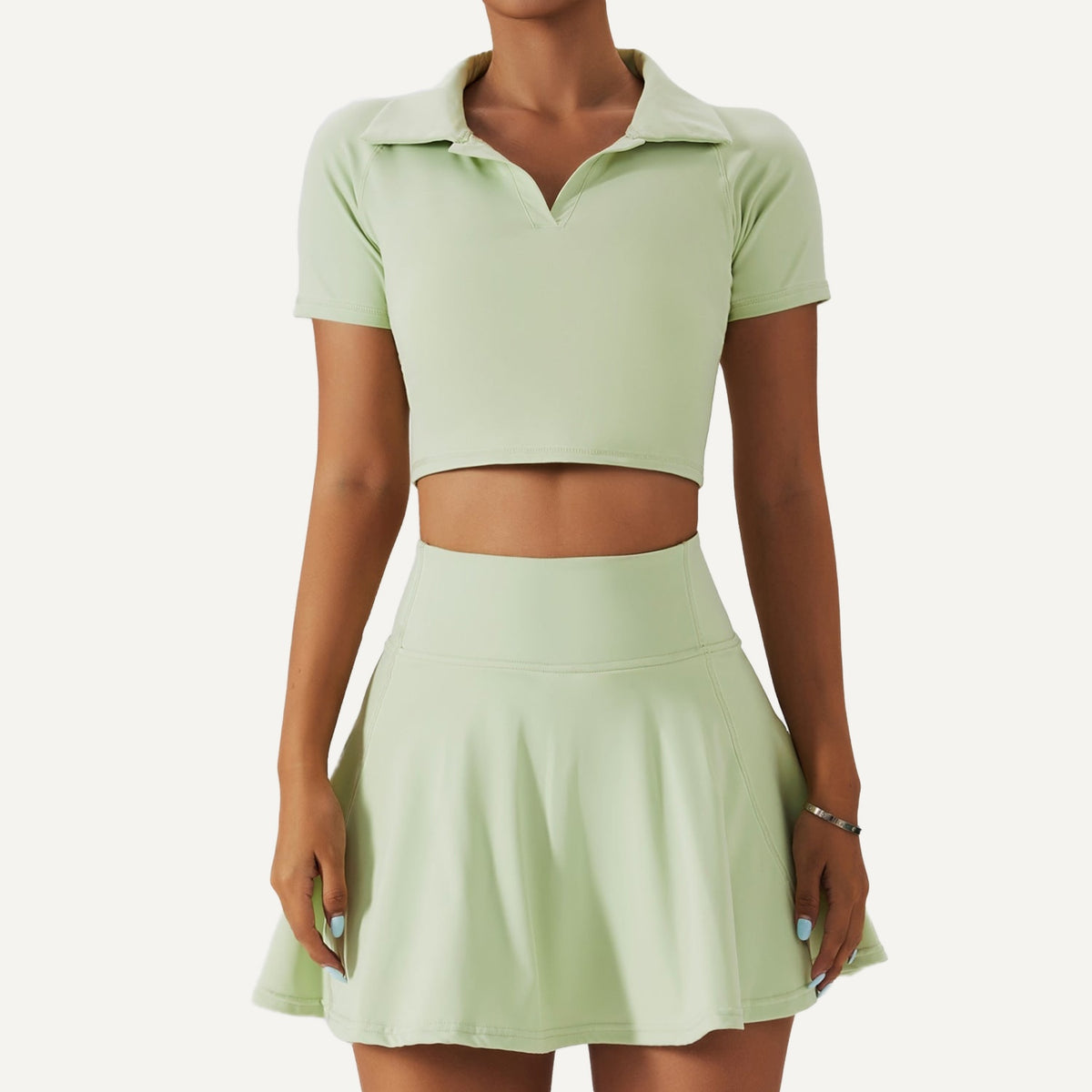 Collared Crop Top and Flared Skirt Set - Light Green