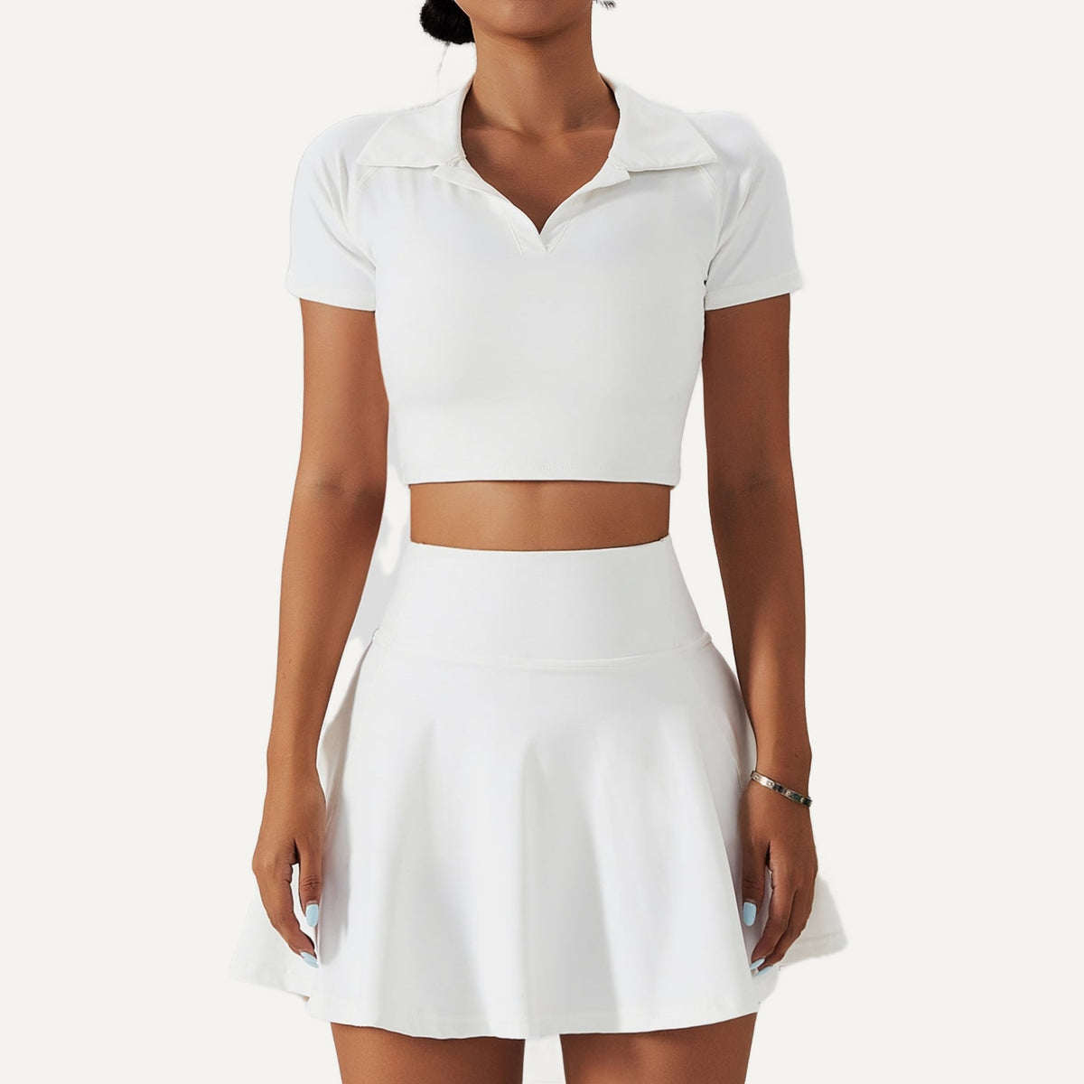 Collared Crop Top and Flared Skirt Set - White