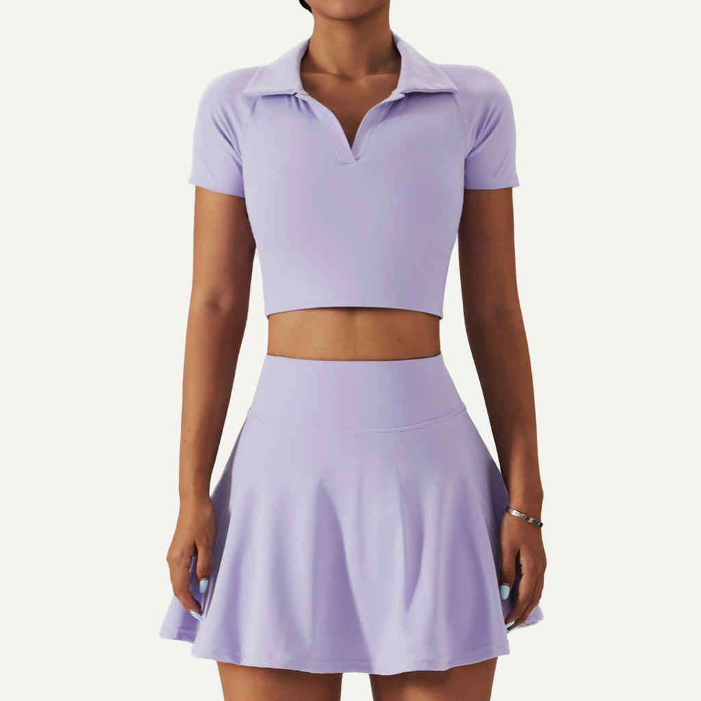 Collared Crop Top and Flared Skirt Set - Lavender