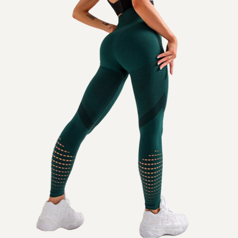 High-Waisted Leggings with Open-Knit Calf Panels - Dark Teal