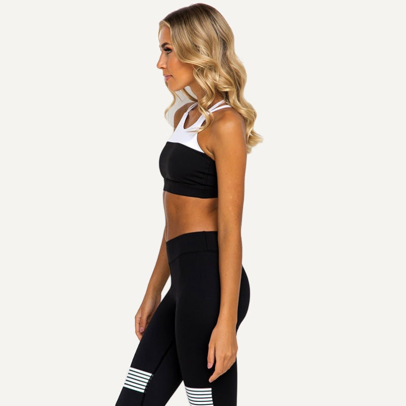 Colorblock Bra and Striped Leggings Set - Black White Set