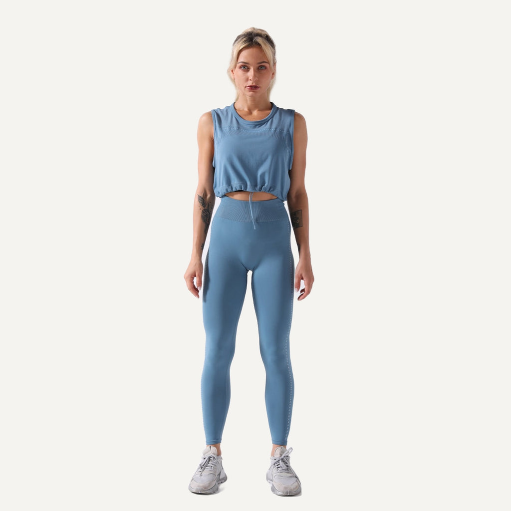 Drawstring Hem Crop Tank and Leggings Set - Blue