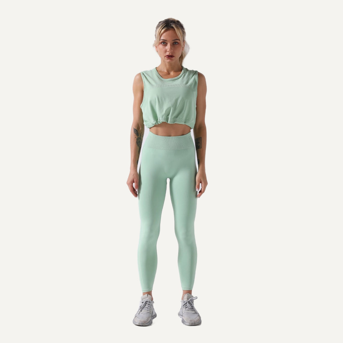 Drawstring Hem Crop Tank and Leggings Set - Mint