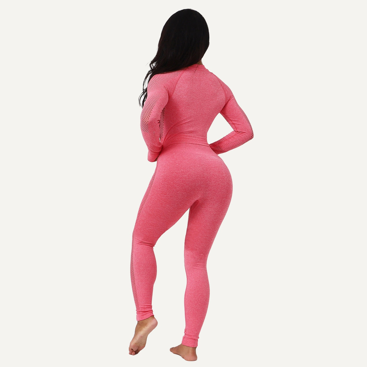 Long Sleeve Crop Top and Mesh Panel Leggings Set - Coral Pink