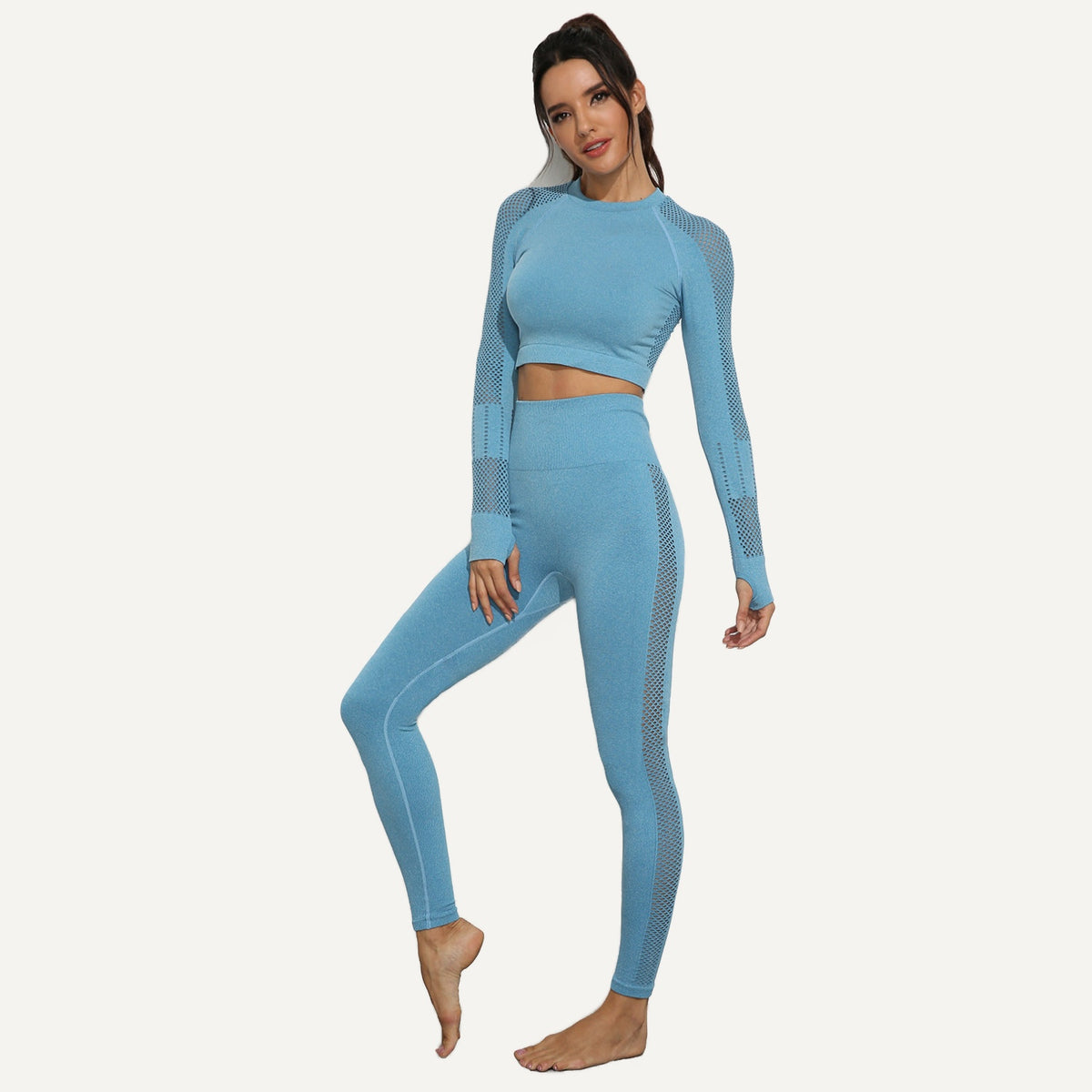Long Sleeve Crop Top and Mesh Panel Leggings Set - Light Blue