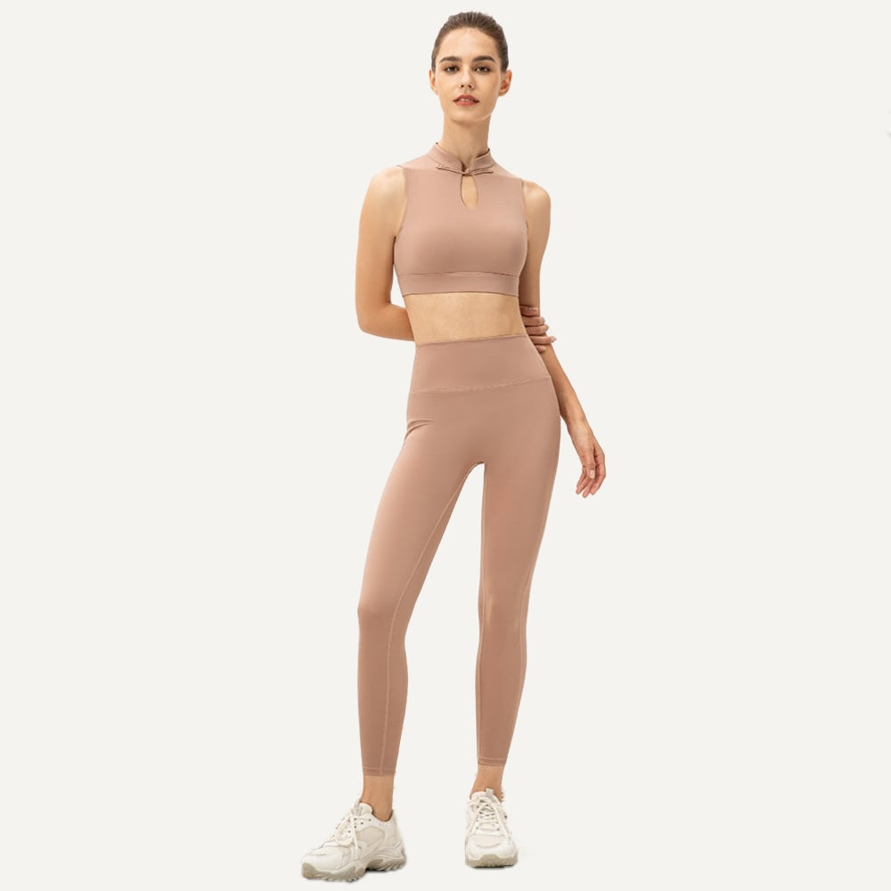 Keyhole Mock Neck Crop Top and Leggings Set - Tan