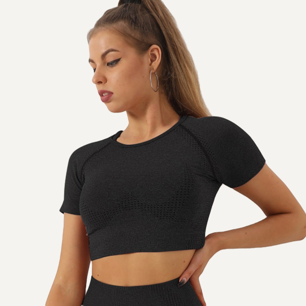Short Sleeve Crop Top with Textured Panels - Black