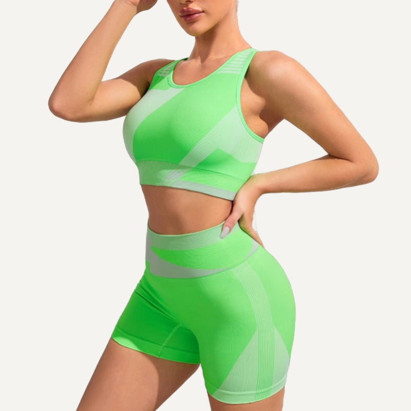 Contrast-Knit Sports Bra and Biker Shorts Set - Neon Green