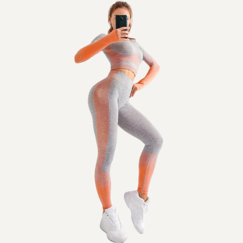 Contrast-Panel Long Sleeve Top and Cropped Leggings Set - Gray Orange
