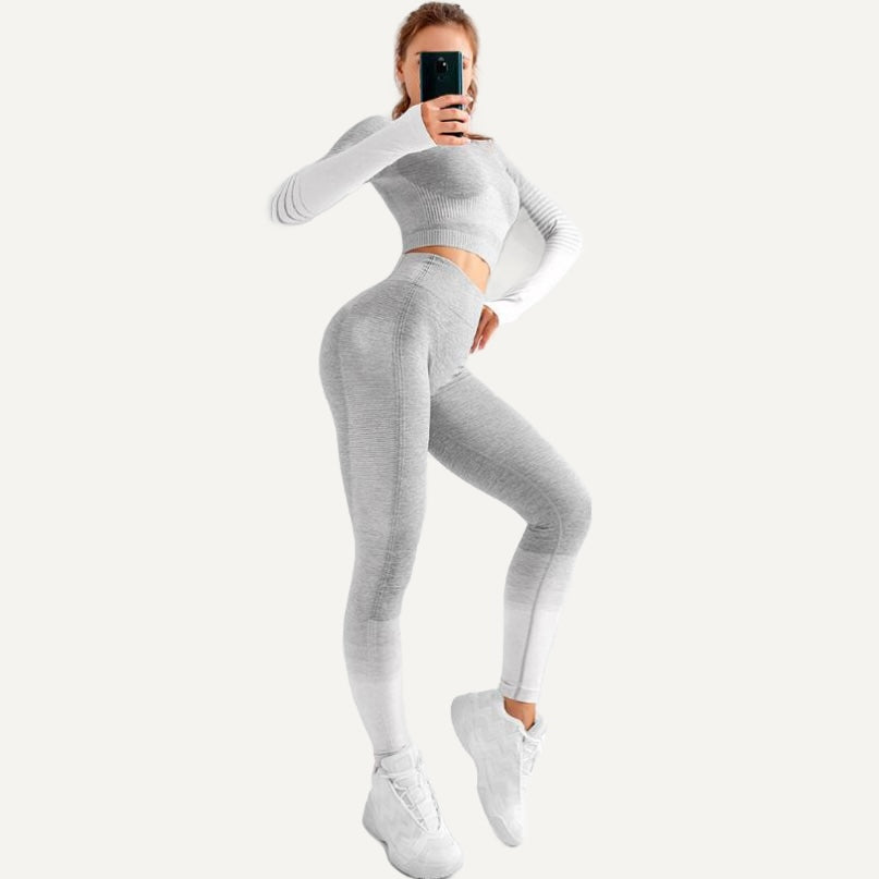 Contrast-Panel Long Sleeve Top and Cropped Leggings Set - Light Gray