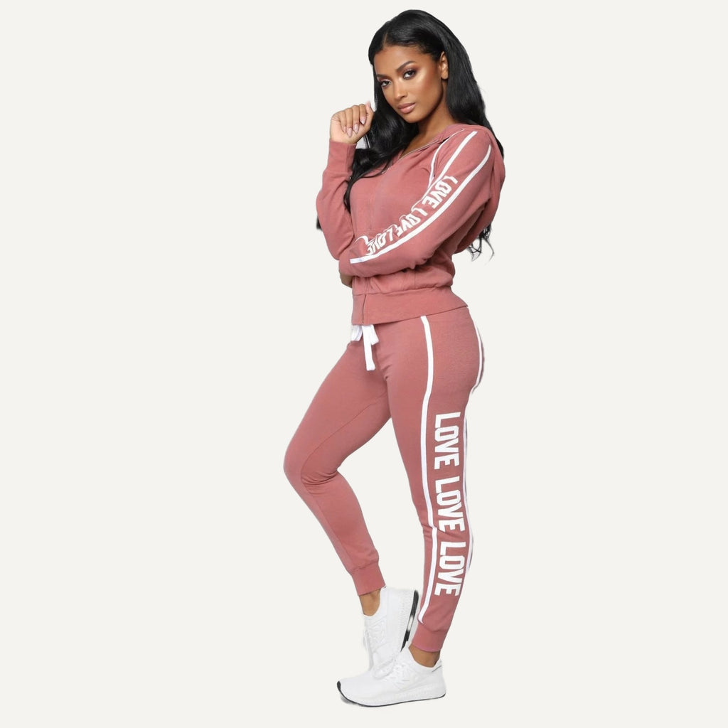 Letter-Print Zip Hoodie and Joggers Set - Dusty Rose