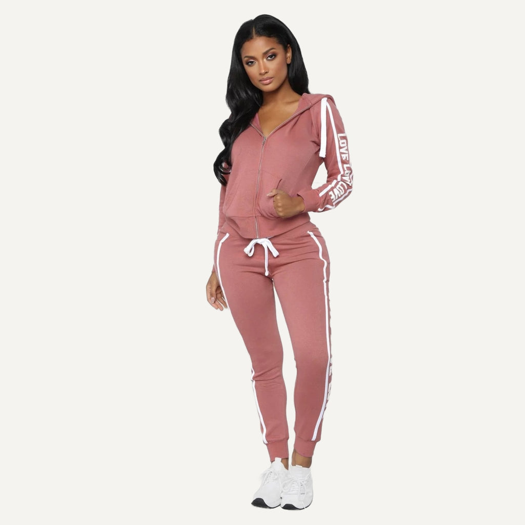 Letter-Print Zip Hoodie and Joggers Set - Dusty Rose