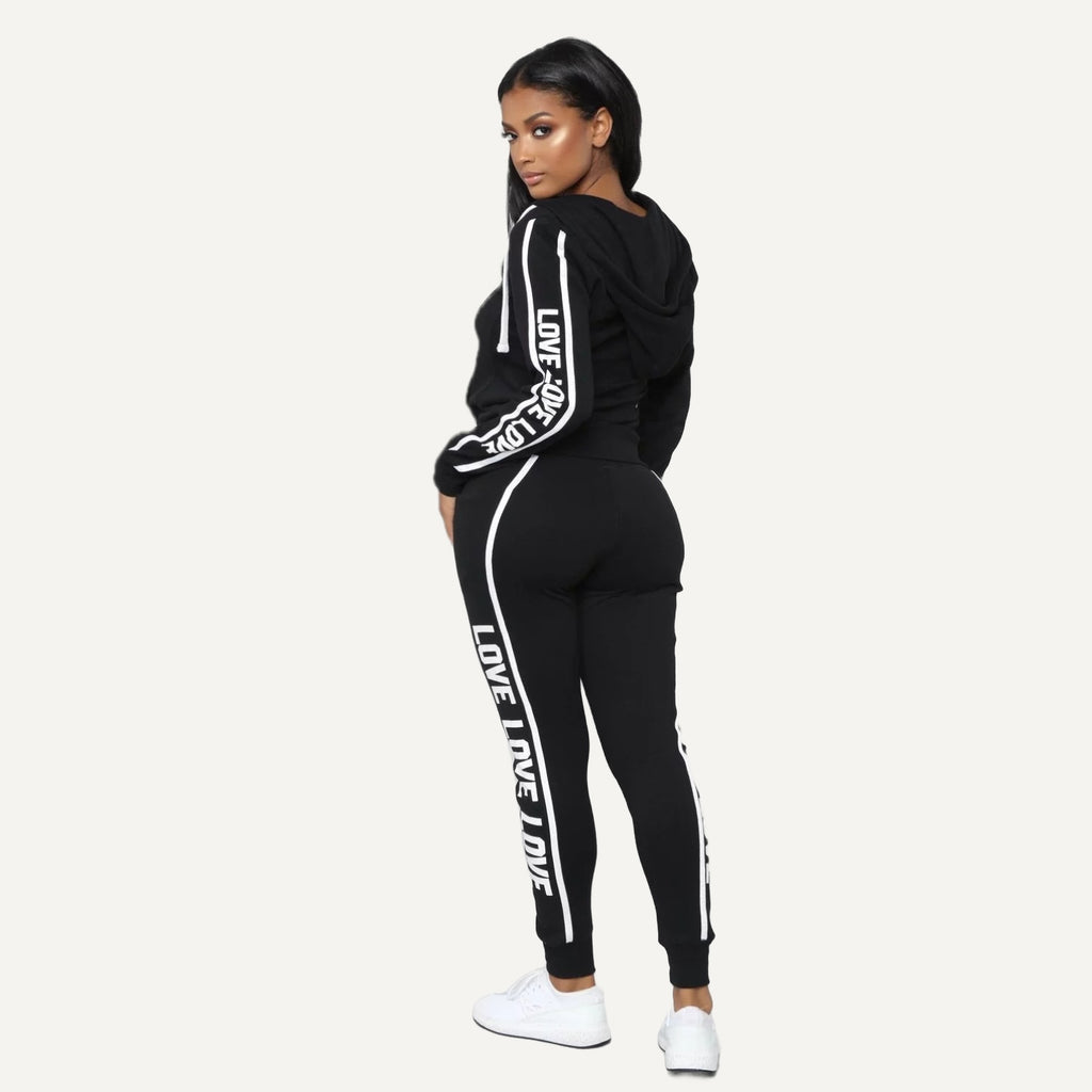 Letter-Print Zip Hoodie and Joggers Set - Black