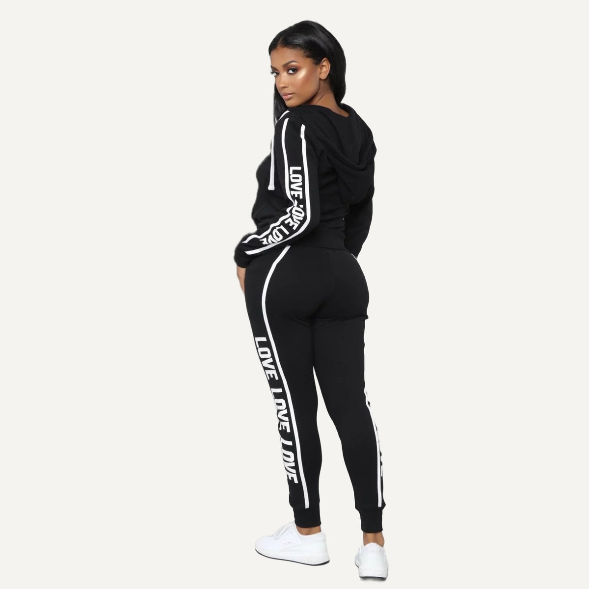 Letter-Print Zip Hoodie and Joggers Set - Black