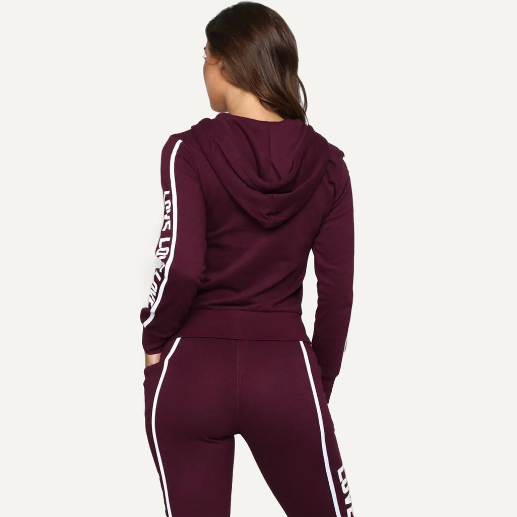 Letter-Print Zip Hoodie and Joggers Set - Wine