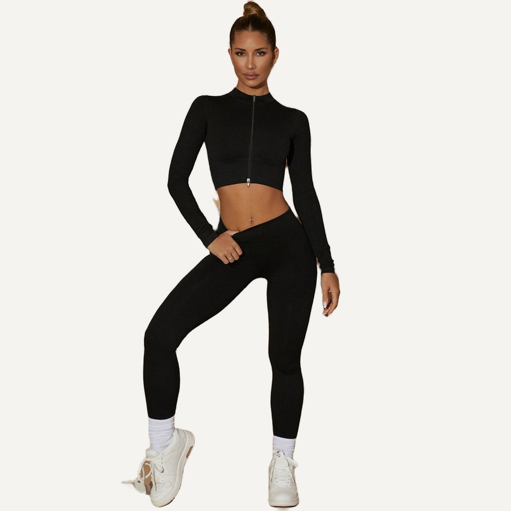 Ribbed Zip-Up Crop Top and Leggings Set - Black