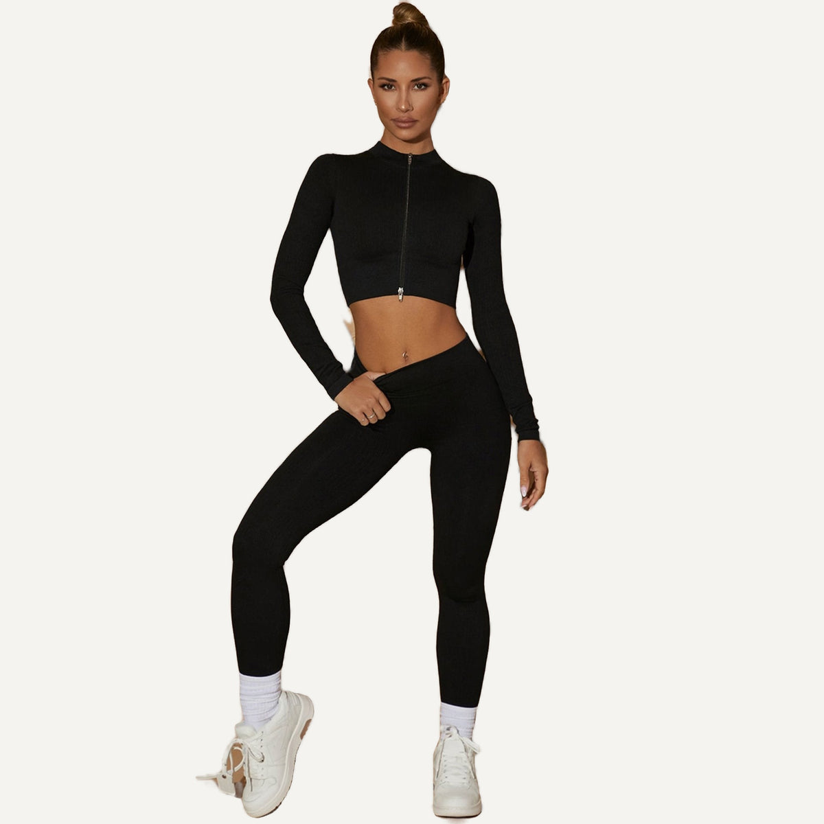 Ribbed Zip-Up Crop Top and Leggings Set - Black