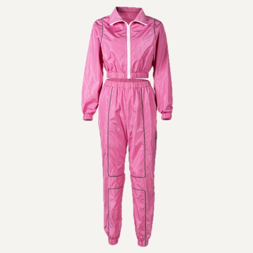 Zip-Up Track Jacket and Pants Set with Contrast Piping - Pink