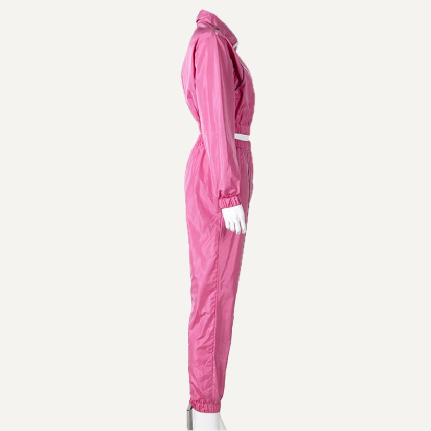Zip-Up Track Jacket and Pants Set with Contrast Piping - Pink