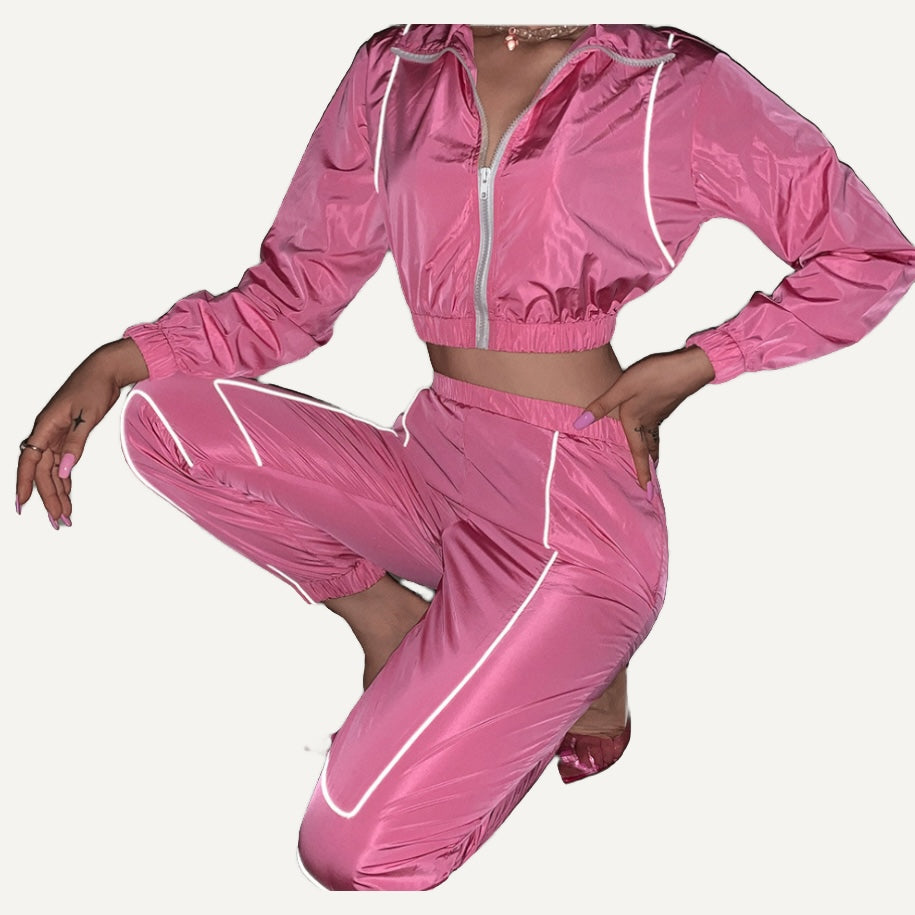 Zip-Up Track Jacket and Pants Set with Contrast Piping - Pink