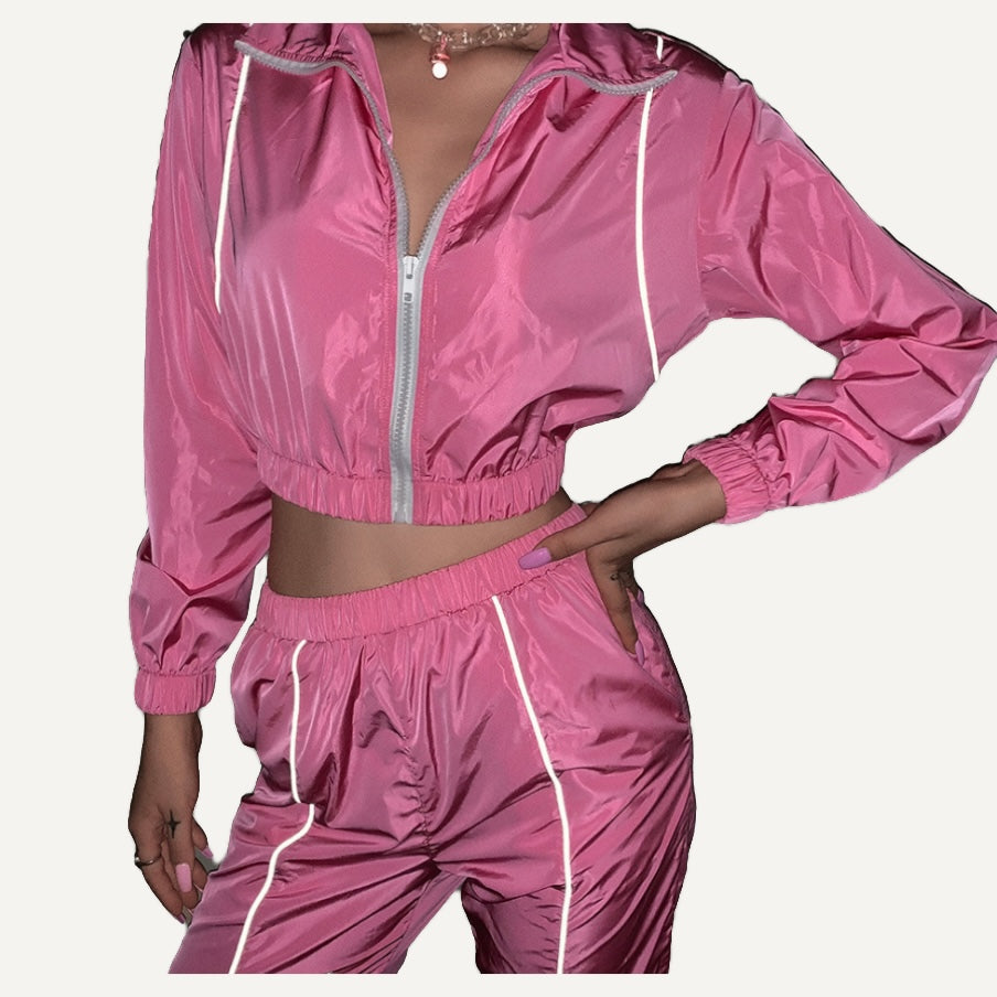 Zip-Up Track Jacket and Pants Set with Contrast Piping - Pink