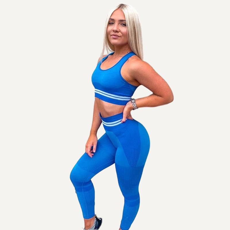 Striped-Waist Sports Bra and Knit Leggings Set - Blue