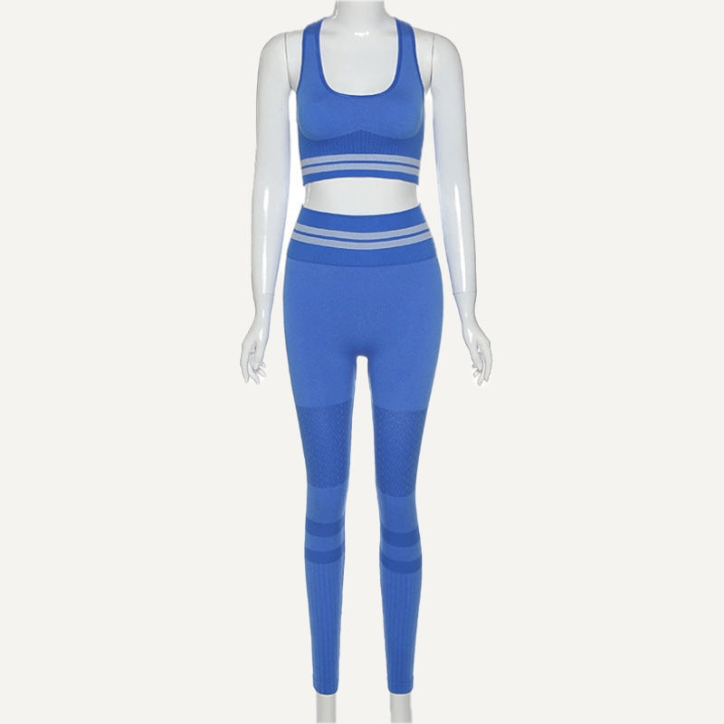 Striped-Waist Sports Bra and Knit Leggings Set - Blue