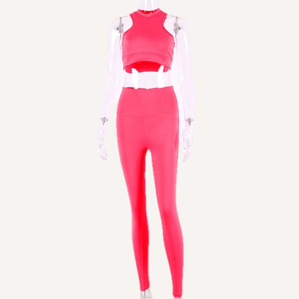 High-Neck Cutout Crop Tank and Leggings Set - Pink