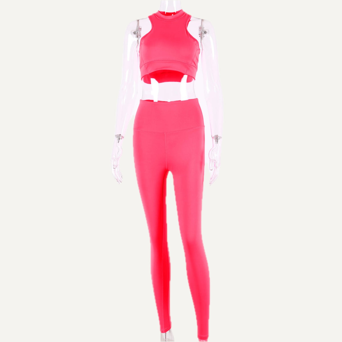 High-Neck Cutout Crop Tank and Leggings Set - Pink