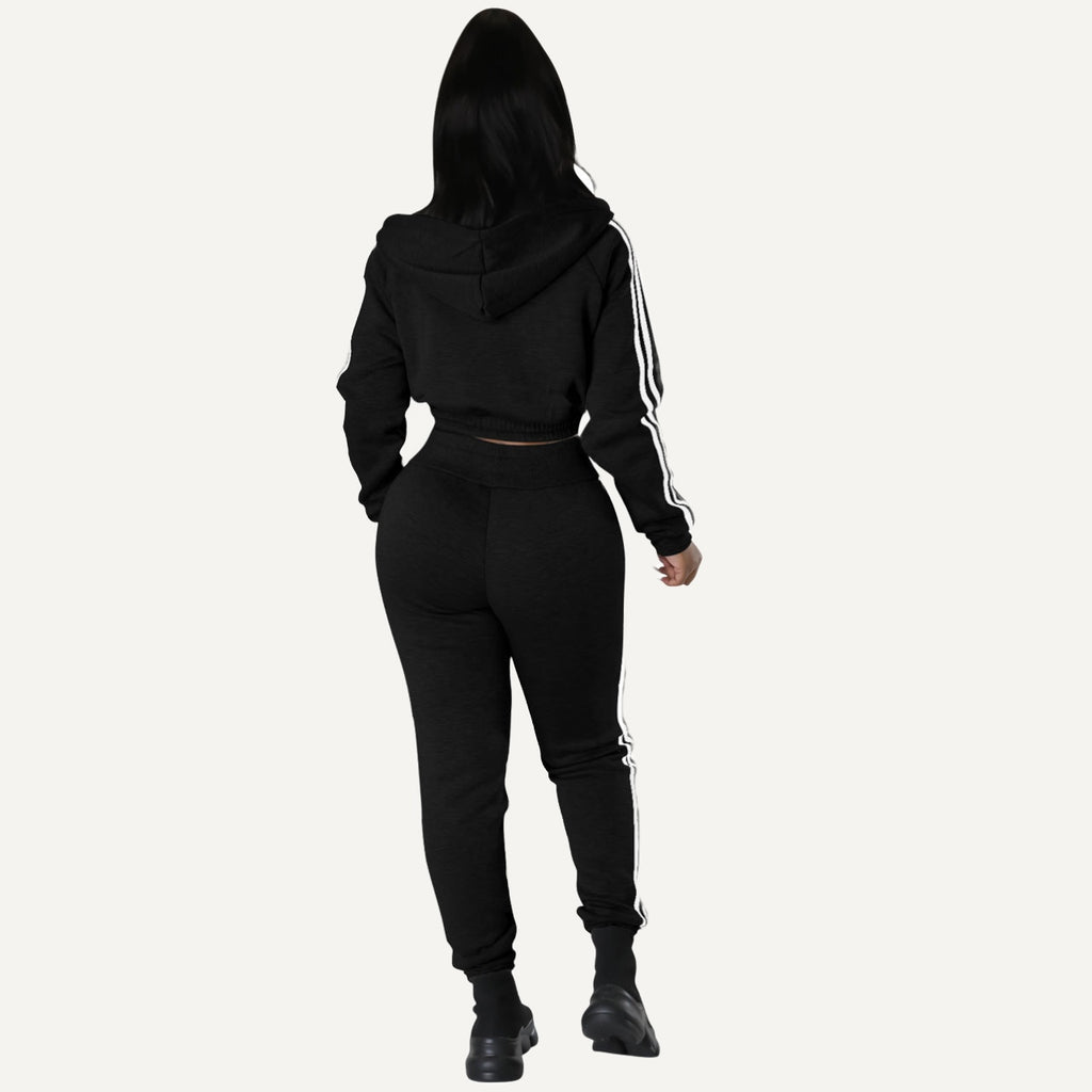 Striped-Sleeve Zip Hoodie and Joggers Set - Black