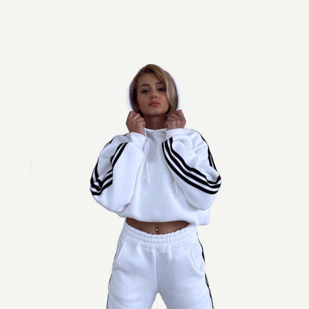Striped-Sleeve Zip Hoodie and Joggers Set - White