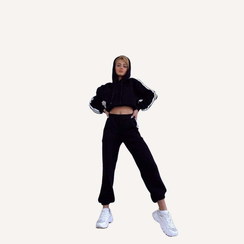 Striped-Sleeve Zip Hoodie and Joggers Set - Black