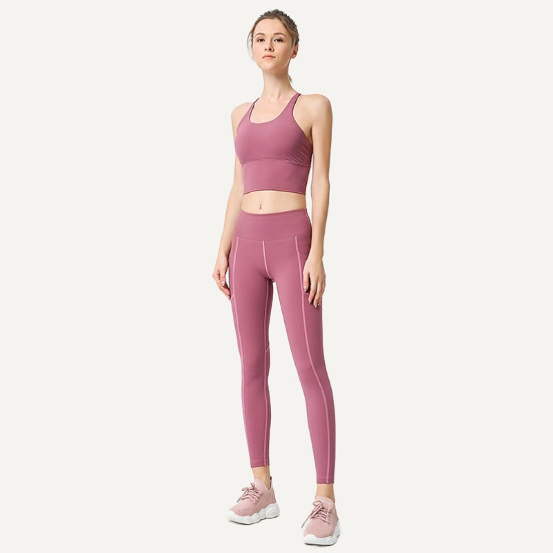 Strappy-Back Sports Bra and Pocket Leggings Set - Dusty Rose
