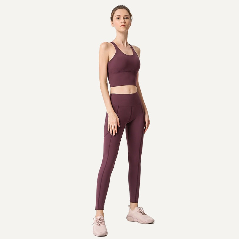 Strappy-Back Sports Bra and Pocket Leggings Set - Wine