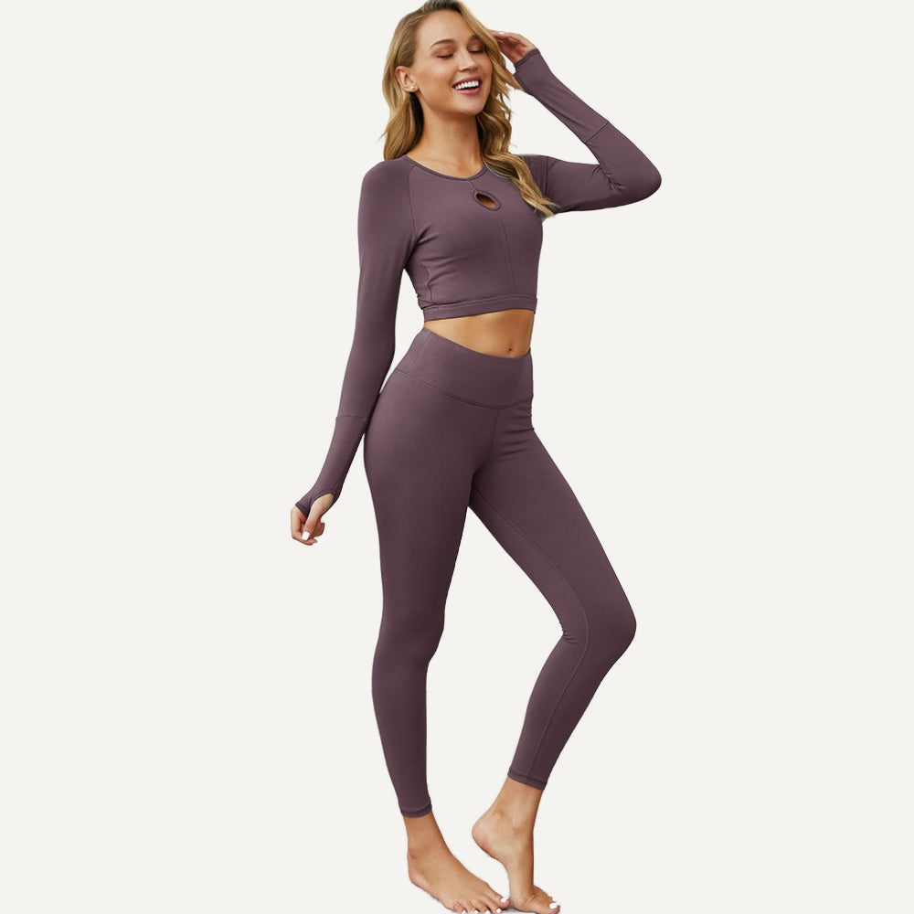 Keyhole Long Sleeve Crop Top and Leggings Set - Plum