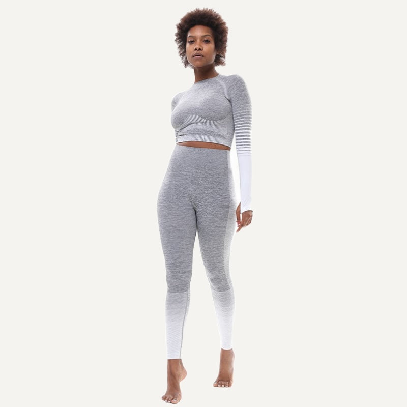Striped-Panel Crop Top and Two-Tone Leggings Set - White Gray