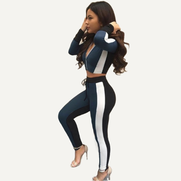 Contrast-Side Zip Crop Top and Leggings Set - Navy White